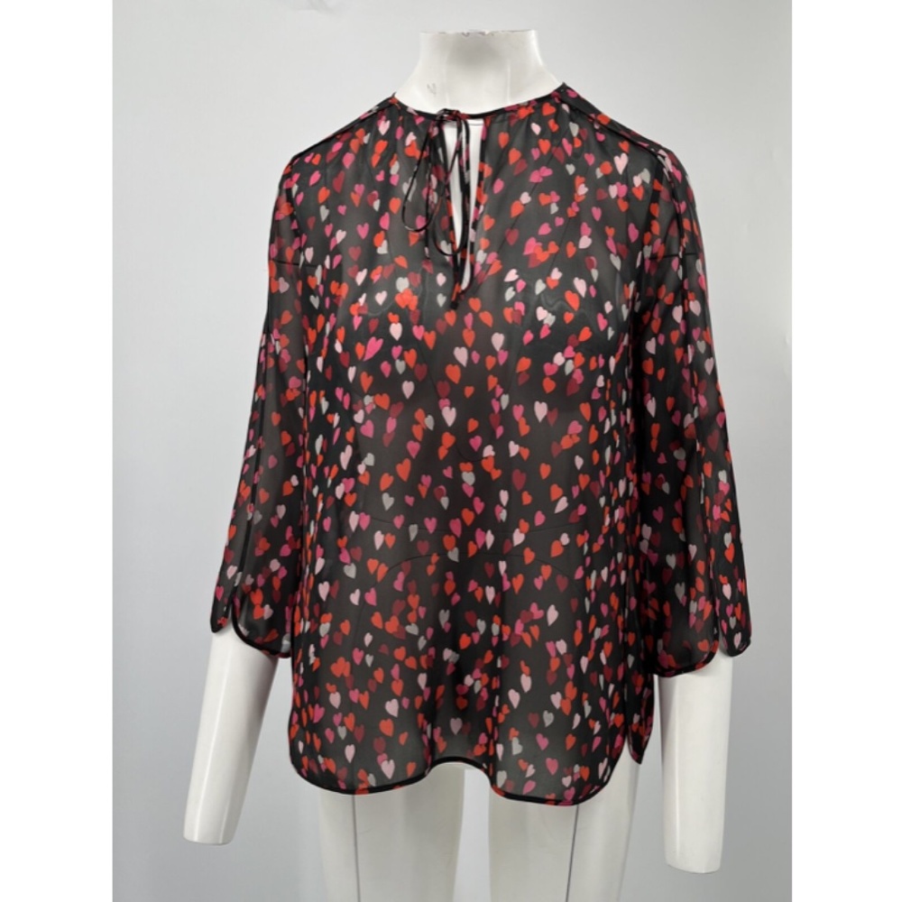 Giamba Black Sheer Silk Heart Sprinkle Print 3/4 Sleeve V-Neck Blouse sz 40/XS